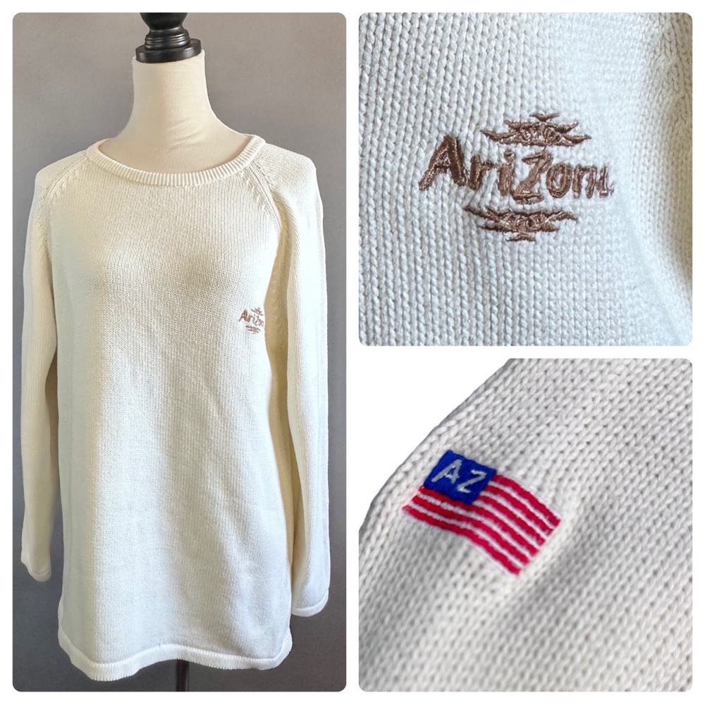 90s AriZona Beverage Company Cream Kint Sweater Logo American Flag Unisex
